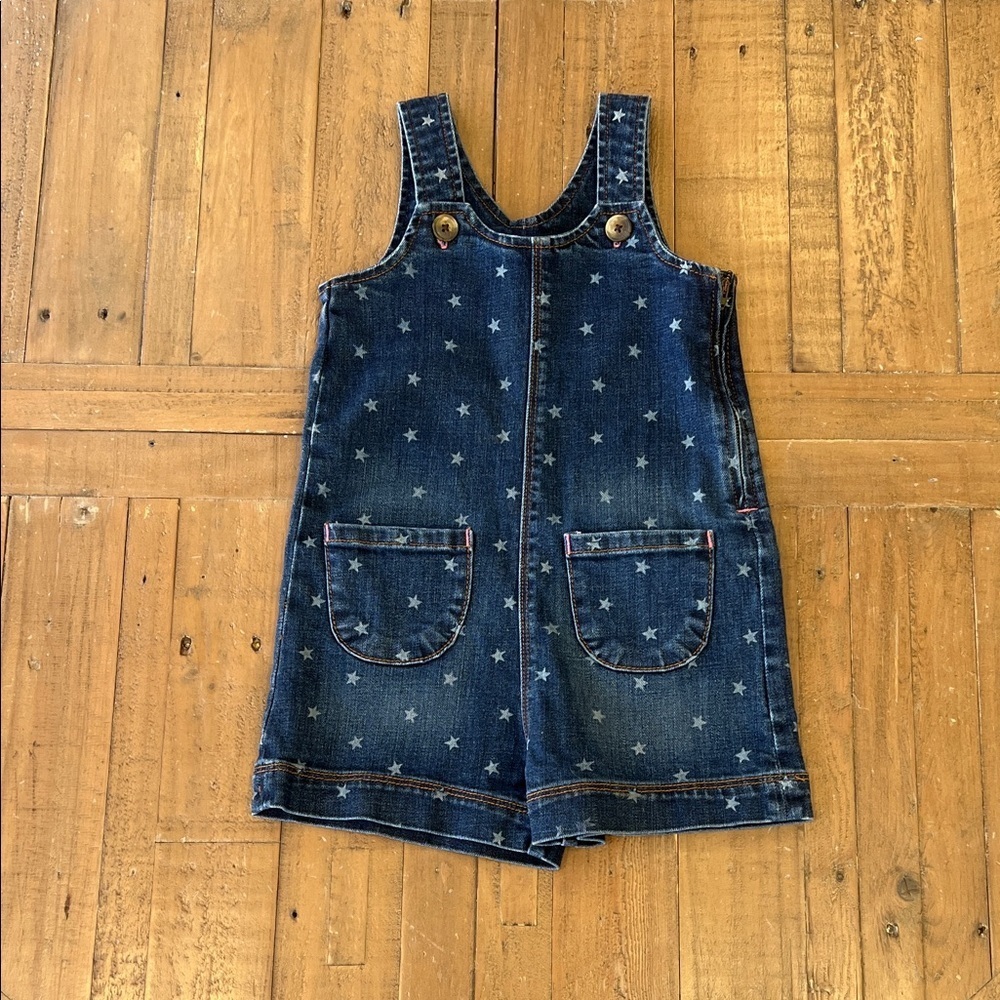 Mini Boden denim star short overalls 5-6 years dark wash side zip Americana